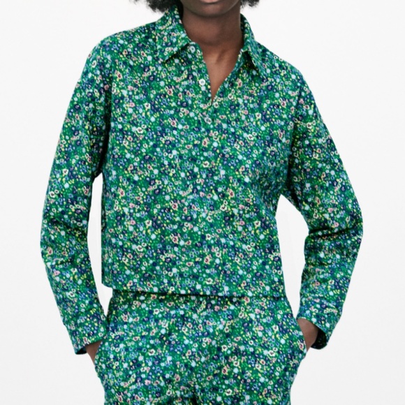 ara green with ditsy flowers long sleeves polo sweatshirt NWT - Picture 1 of 11